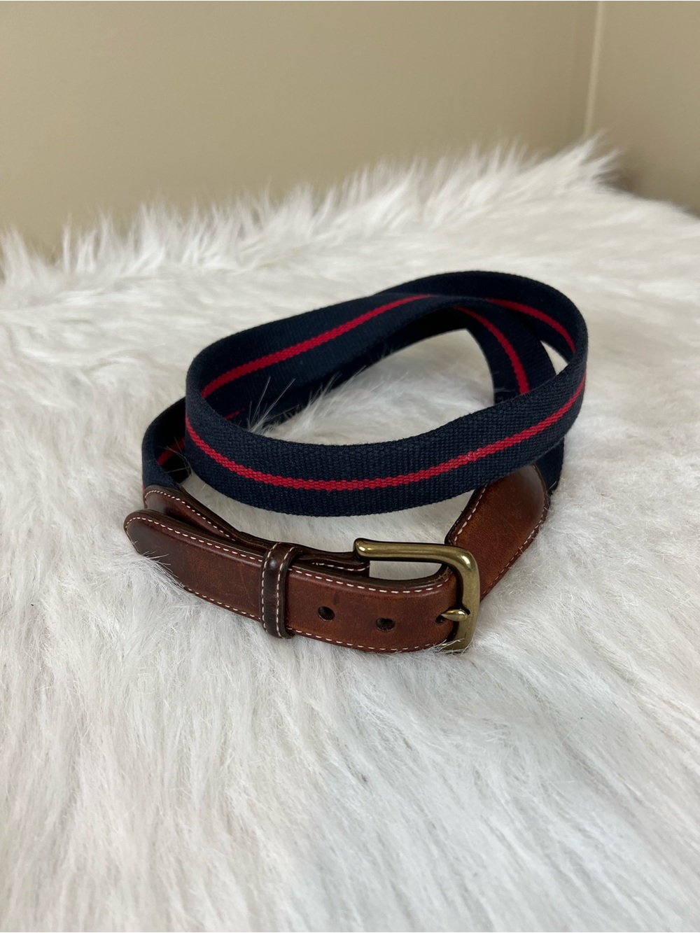 Orvis Surcingle navy and red cotton webbed belt with leather and brass 44